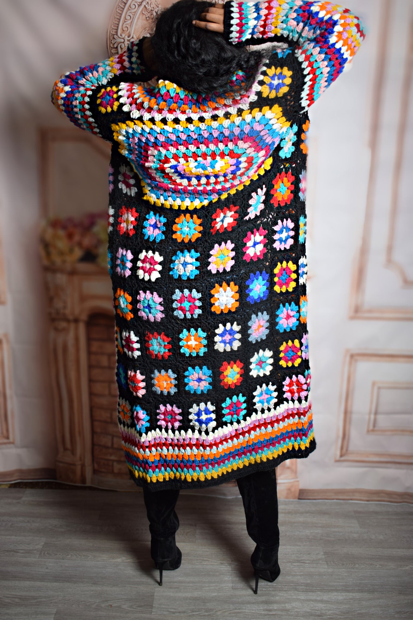 Black Colorful Crochet Cardigan 