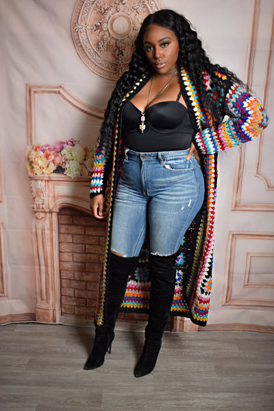 Black Colorful Crochet Cardigan 