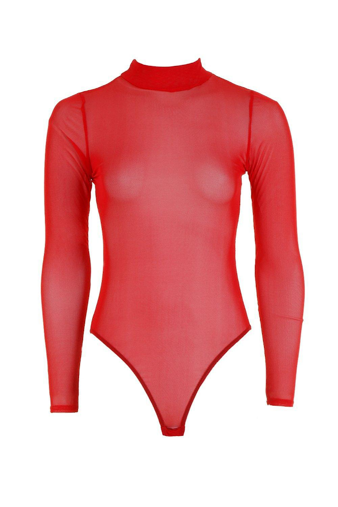 Play It Cool Bodysuit | Red CrewNeck Mesh Bodysuit