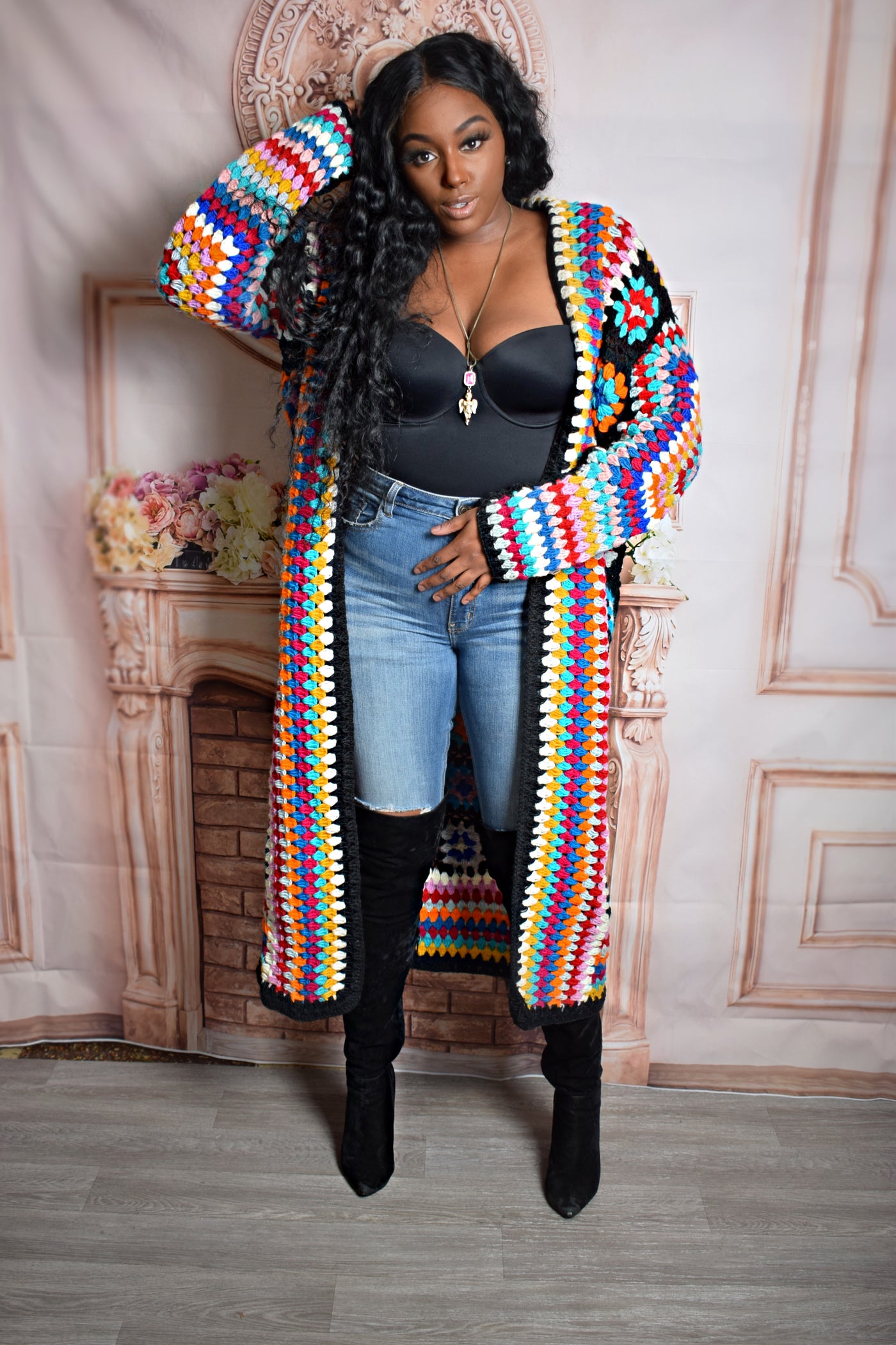 Black Colorful Crochet Cardigan 